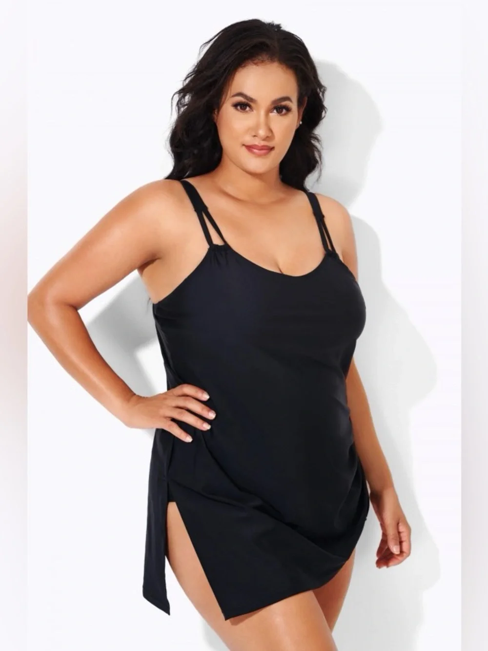 Meet.Curve Womens XL Black Swimdress One Piece Swimsuit Ruched Side Slit NWT